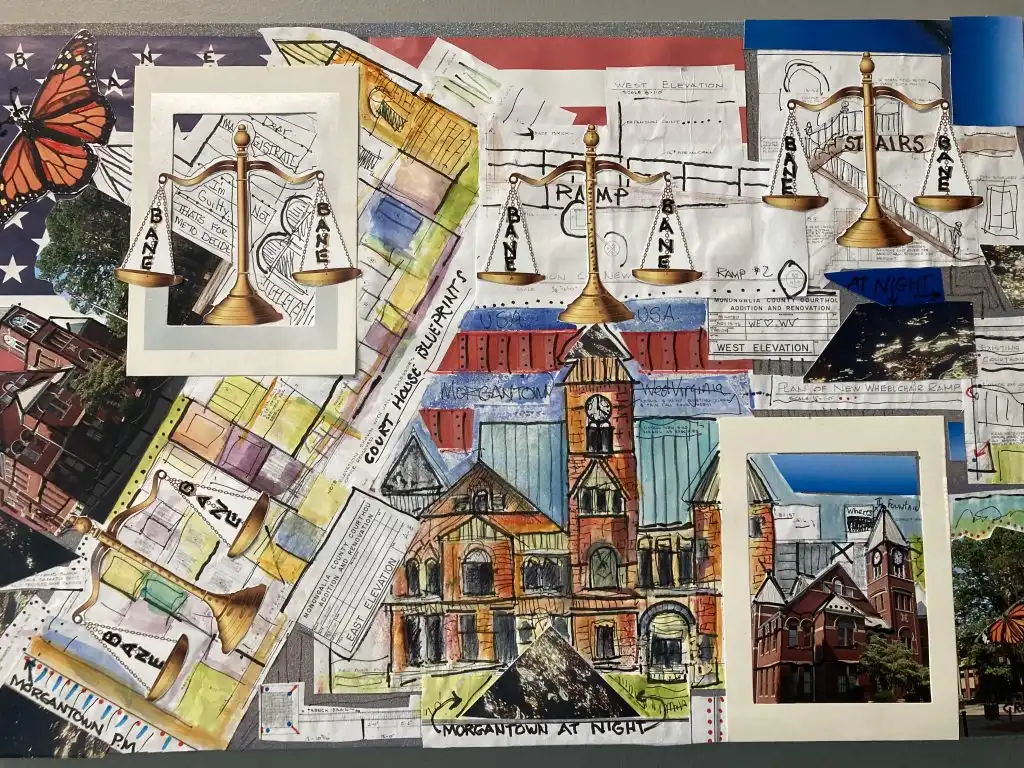 Michael Green art for Ron Bane featuring elements of the Monongalia County Courthouse and themes of Morgantown, crime and justice.